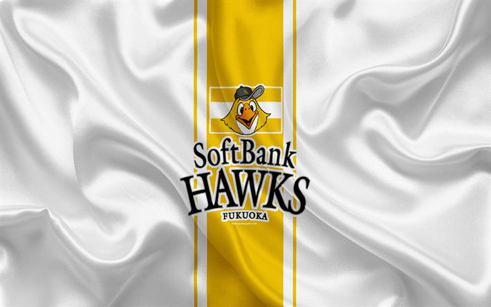 Fukuoka SoftBank Hawks, 4K, squadra di baseball Giapponese, logo, seta, texture, NPB, bandiera bianca, Fukuoka, Giappone, baseball, Nippon Professional Baseball