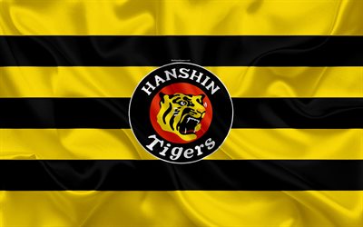 Hanshin Tigers, 4k, Japanese baseball team, logo, silk texture, NPB, yellow black flag, Nishinomiya, Hyogo, Japan, baseball, Nippon Professional Baseball