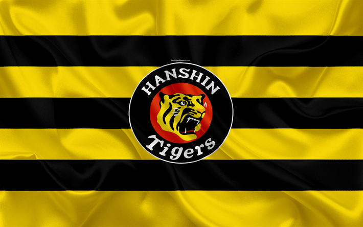 Hanshin Tigers, 4k, &#233;quipe de baseball Japonaise, le logo, la texture de la soie, de la CNLC, jaune drapeau noir, Nishinomiya, Hyogo, Japon, le baseball, le Nippon Professional Baseball