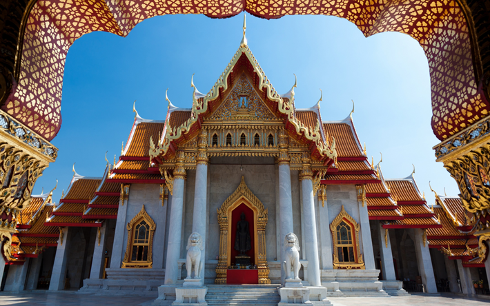 Bangkok, Buddhist temple, columns, sculptures, religion, Thailand