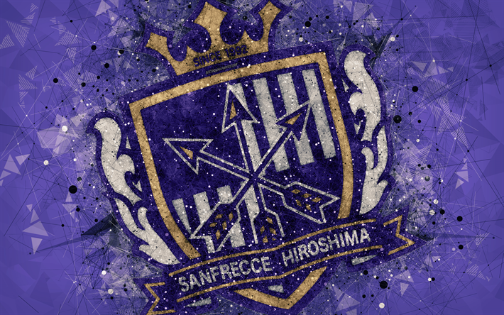 Sanfrecce Hiroshima, 4k, Japanese football club, creative geometric art, logo, mosaic, purple abstract background, J-League, Hiroshima, Japan, J1 League, football