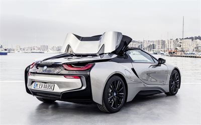 BMW i8 Roadster, 2018, hybrid, exterior, rear view, new silver i8, German cars, BMW