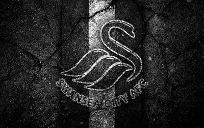 Swansea FC, 4k, logo, Premier League, grunge, l&#39;Angleterre, l&#39;asphalte, la texture, Swansea, pierre noire, le soccer, le football, le FC Swansea