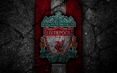 Liverpool FC, 4k, logo, Premier Lig, grunge, İngiltere, asfalt doku, Liverpool, siyah taş, futbol