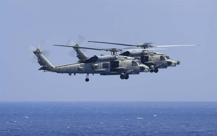Sikorsky MH-60R Sea Hawks, Deck military helicopters, US Navy, pair of transport helicopters, USA