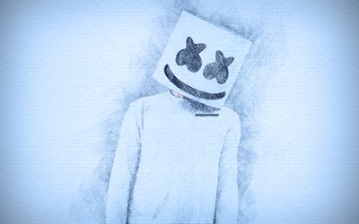 Marshmello, opere d&#39;arte, 4k, sfondo blu, DJ, fan art, Disegno Marshmello, superstar DJ Marshmello