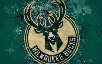 Milwaukee Bucks, 4K, creative logo, American Basketball Club, emblem, geometric art, NBA, green abstract background, Milwaukee, Wisconsin, USA, basketball, National Basketball Association