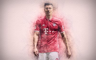 Robert Lewandowski, 4k, sanat, futbol yıldızları, Bayern M&#252;nih, Lewandowski, futbol, Bundesliga, futbolcular, FC Bayern M&#252;nih &#231;izim