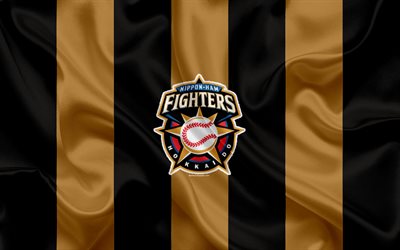 Hokkaido Nippon-Ham Fighters, 4K, Japon beyzbol takımı, logo, ipek doku, MPT, siyah bayrak, Sapporo, Hokkaido, Japonya, beyzbol, Nippon Profesyonel Beyzbol