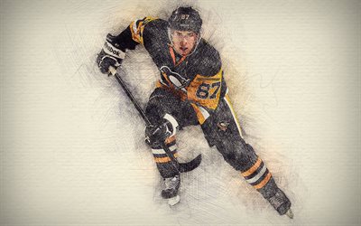 Sidney Crosby, 4k, œuvres d&#39;art, des &#233;toiles du hockey, Pittsburgh Penguins, Crosby, NHL, hockey, du dessin, de Sidney Crosby