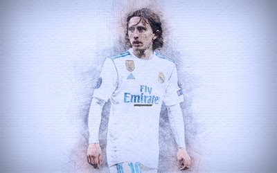 Luka Modric, 4k, opere d&#39;arte, stelle del calcio, Galacticos, Real Madrid, Liga, Modric, calcio, calciatori, disegno Modric