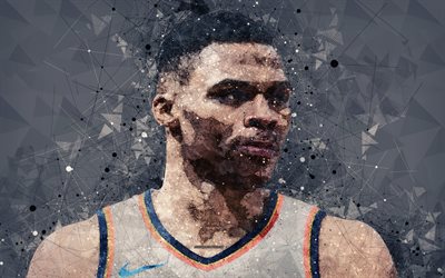 Russell Westbrook, Amerikan basketbol oyuncusu, 4k, y&#252;z, yaratıcı portre, geometrik sanat, NBA, sanat, Oklahoma City Thunder, ABD