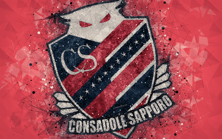 Download wallpapers Hokkaido Consadole Sapporo, 4k, Japanese football club, creative geometric art, logo, mosaic, red abstract background, J-League, Sapporo, Hokkaido, Japan, J1 League, football for desktop free. Pictures for desktop free