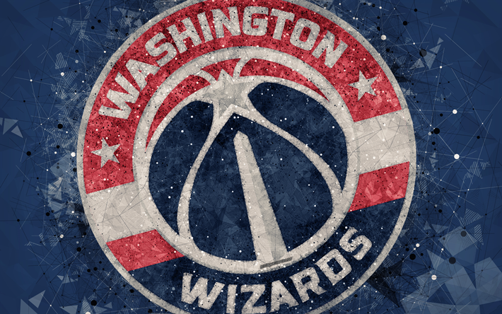 Washington Wizards, 4k, luova logo, american basketball club, tunnus, geometrinen taide, NBA, sininen abstrakti tausta, Washington, USA, koripallo, National Basketball Association