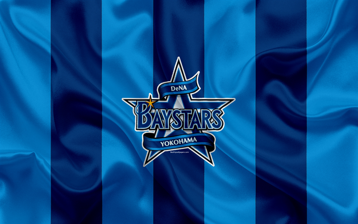 Yokohama DeNA BayStars, 4k, Japon beyzbol takımı, logo, ipek doku, MPT, Mavi Bayrak, Yokohama, Kanagawa, Japonya, beyzbol, Nippon Profesyonel Beyzbol