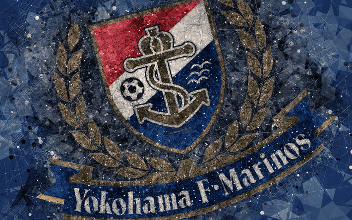 Yokohama F Marinos I, 4k, Japanska football club, kreativa geometriska art, logotyp, mosaik, bl&#229; abstrakt bakgrund, J-League, Yokohama, Kanagawa, Japan, J1 League, fotboll