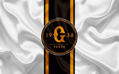 yomiuri giants, 4k, japanische baseball-team, logo, seide textur, npb, white flag, tokyo, japan, baseball, nippon professional baseball