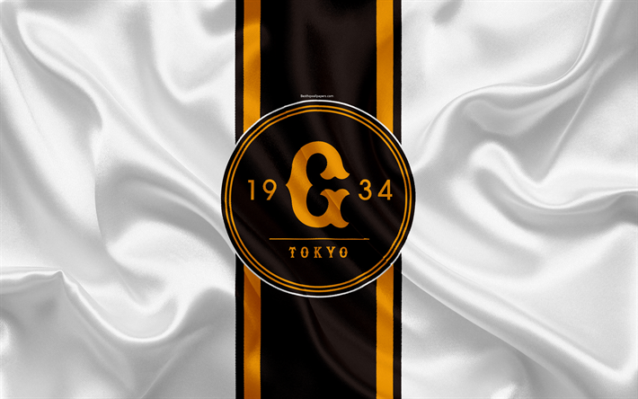 Yomiuri Giants, 4K, Japanese baseball team, logo, silk texture, NPB, white flag, Tokyo, Japan, baseball, Nippon Professional Baseball