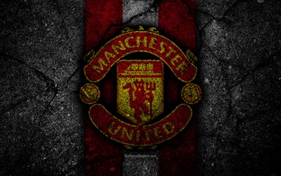 Manchester United FC, 4k, logo, Premier League, grunge, MU, Englanti, asfaltti rakenne, Manchester United, musta kivi, Man United, jalkapallo, FC Manchester United