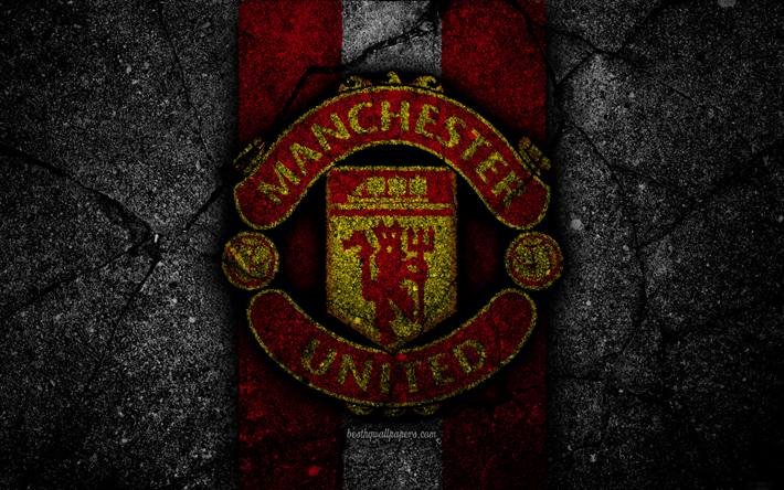 Manchester United FC, 4k, logotyp, Premier League, grunge, MU, England, asfalt konsistens, Manchester United, svart sten, Man United, fotboll, FC-Manchester United