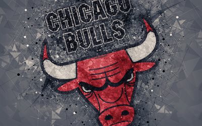 Chicago Bulls, 4K, criativo logotipo, Americano De Basquete Clube, emblema, arte geom&#233;trica, NBA, cinza resumo de plano de fundo, Chicago, Illinois, EUA, basquete, Associa&#231;&#227;o Nacional De Basquete