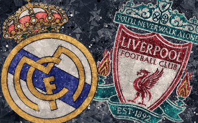 Real Madrid vs Liverpool FC, 4k, kreativa geometriska art, logotyper, 2018 UEFA Champions League-Finalen, Kiev, Ukraina, 26 Maj 2018, fotbollsmatch, kreativ konst, Champions League