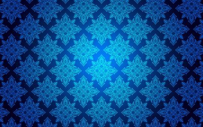bleu motif floral, 4k, floral vintage de motif, bleu vintage de fond, des motifs floraux, des arri&#232;re-plans vintage, bleu r&#233;tro milieux