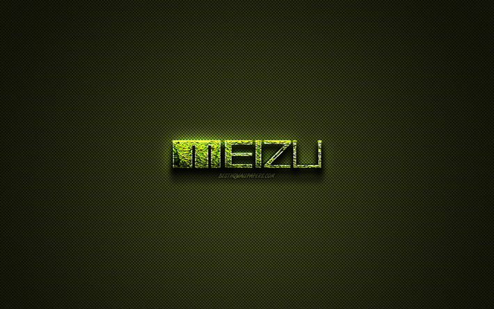 Meizu logotyp, gr&#246;na kreativa logotyp, blommig art logotyp, Meizu emblem, gr&#246;na kolfiber konsistens, Meizu, kreativ konst