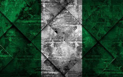 Flaggan i Nigeria, 4k, grunge konst, rhombus grunge textur, Nigeria flagga, Afrika, nationella symboler, Nigeria, kreativ konst