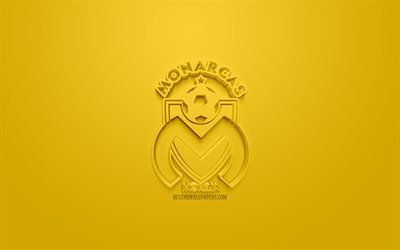 Monarcas Morelia, creative 3D logo, yellow background, 3d emblem, Mexican football club, Liga MX, Morelia, Mexico, 3d art, football, stylish 3d logo