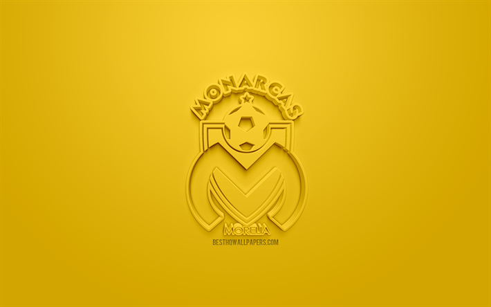 Monarcas Morelia, kreativa 3D-logotyp, gul bakgrund, 3d-emblem, Mexikansk fotboll club, Liga MX, Morelia, Mexiko, 3d-konst, fotboll, snygg 3d-logo