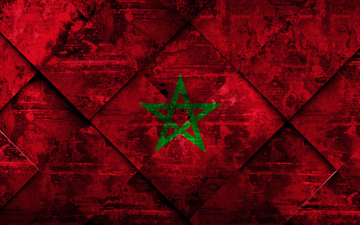 Bandeira de Marrocos, 4k, grunge arte, rombo textura grunge, Bandeira de marrocos, &#193;frica, s&#237;mbolos nacionais, Marrocos, arte criativa