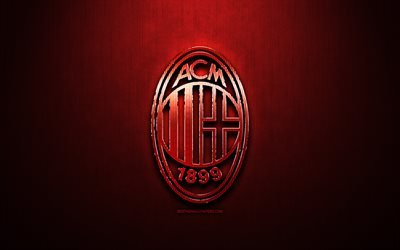 Milan FC, red metal background, Serie A, italian football club, fan art, Milan logo, football, soccer, AC Milan, Italy