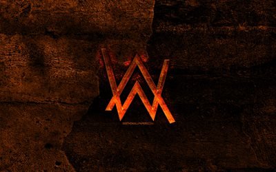 Alan Walker fiery logo, orange stone background, Alan Walker, creative, Alan Walker logo, brands