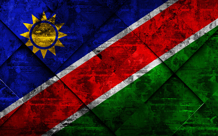 flagge von namibia, 4k, grunge, kunst, rhombus grunge-textur, namibia flagge, afrika, nationale symbole, namibia, kreative kunst