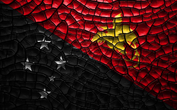 Flag of Papua New Guinea, 4k, cracked soil, Oceania, Papua New Guinea flag, 3D art, Papua New Guinea, Oceanian countries, national symbols, Papua New Guinea 3D flag