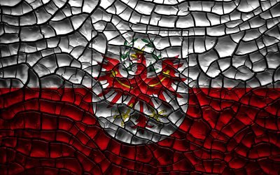 旗のチロル, 4k, オーストリア国, ひび割れの土, オーストリア, チロルフラグ, 3Dアート, チロル, 国のオーストリア, 行政区, チロルの3Dフラグ