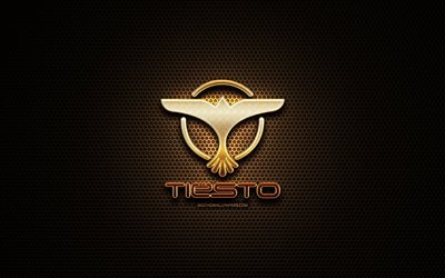 Tiesto glitter logo, superstars, creative, metal grid background, Tiesto logo, brands, Tiesto