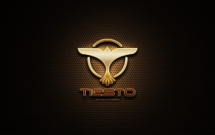 Tiesto glitter logo, superstars, creative, metal grid background, Tiesto logo, brands, Tiesto