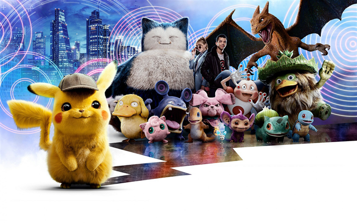 Pokemon, Detective Pikachu, 2019, poster, promozionale, materiali, tutti i personaggi, arte creativa