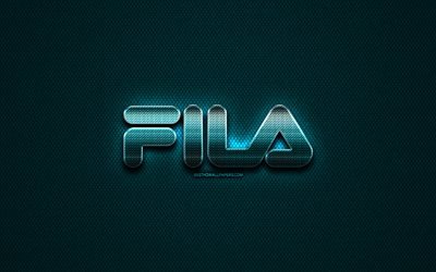Fila glitter logo, sports brands, creative, blue metal background, Fila logo, brands, Fila