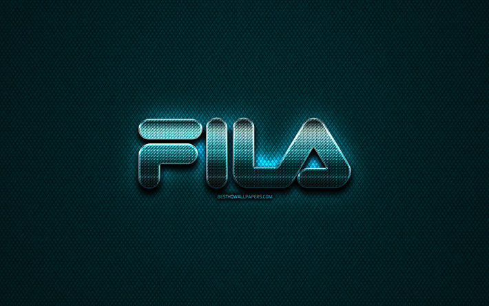 Fila de glitter logotipo, marcas de desporto, criativo, metal azul de fundo, Logotipo da Fila, marcas, Fila