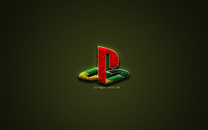 PlayStation logo, verde logo creative, PS4, arte floreale logo, PlayStation emblema, verde fibra di carbonio, PlayStation, arte creativa