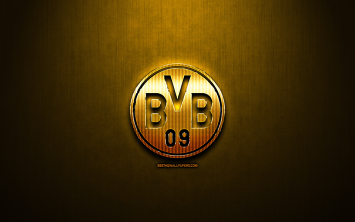 Borussia Dortmund FC, sarı metal arka plan, Bundesliga, Alman Futbol Kul&#252;b&#252;, fan sanat, Borussia Dortmund logo, futbol, BVB, Almanya