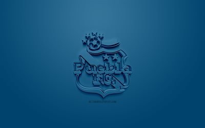 Club Puebla, creative 3D logo, blue background, 3d emblem, Mexican football club, Liga MX, Puebla de Zaragoza, Mexico, 3d art, football, stylish 3d logo, Puebla FC
