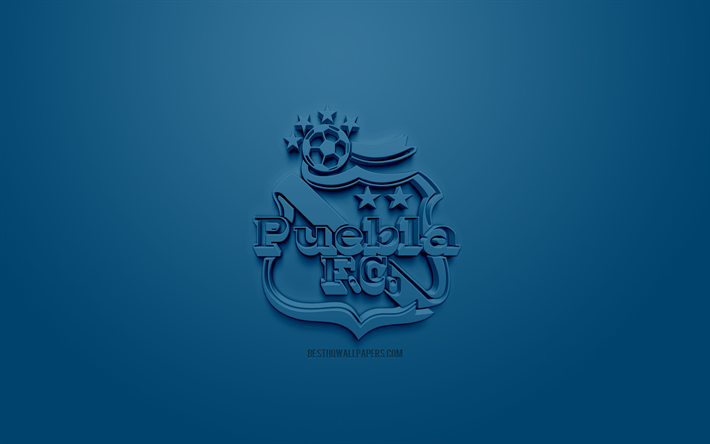 Club Puebla, creative 3D logo, blue background, 3d emblem, Mexican football club, Liga MX, Puebla de Zaragoza, Mexico, 3d art, football, stylish 3d logo, Puebla FC