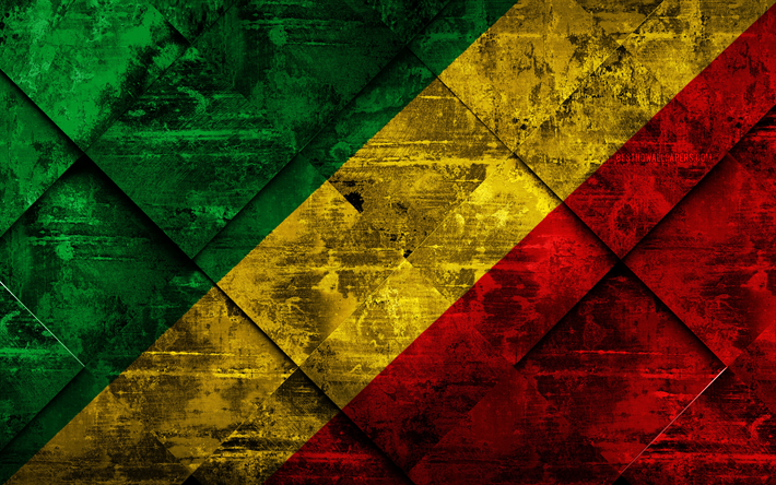 flagge von republik kongo, 4k, grunge, kunst, rhombus grunge-textur, afrika, nationale symbole, republik kongo, kreative kunst