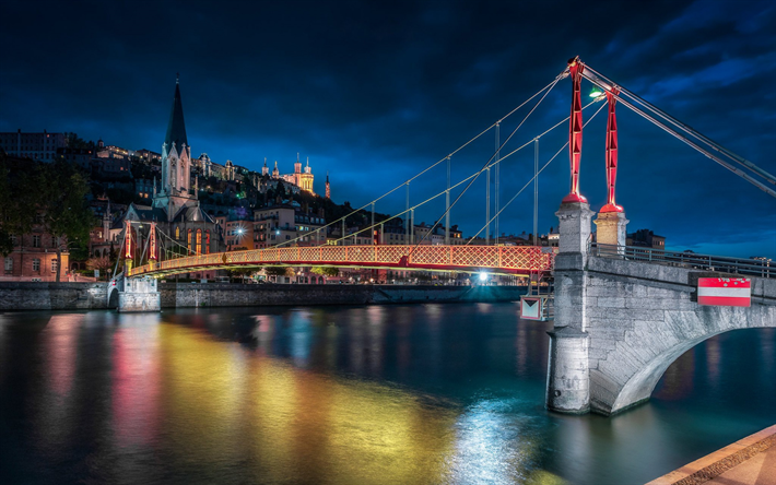 Lyon, noche, r&#237;o, puente, paisaje urbano, de la ciudad de las luces, Francia