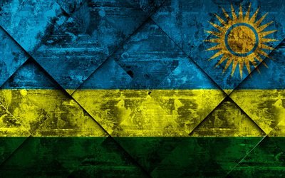 Bandera de Ruanda, 4k, grunge arte, rombo grunge textura, bandera de Ruanda, &#193;frica, s&#237;mbolos nacionales, Ruanda, arte creativo