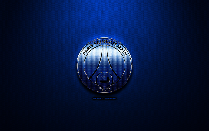 Il Paris Saint-Germain, blu, metallo, sfondo, Ligue 1 francese football club, fan art, PSG, logo, calcio, PSG FC, Francia